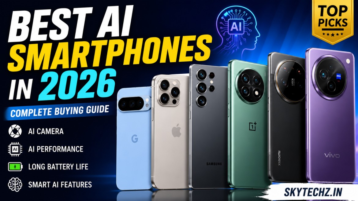 Best AI smartphones in 2026 featuring Samsung, Google Pixel, iPhone, OnePlus, Xiaomi, Vivo, and Motorola with AI-powered camera, performance, and battery comparison.