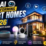 Modern AI smart home with voice assistant, smart lighting, security camera, smart thermostat, smart door lock, and home automation devices in 2026.