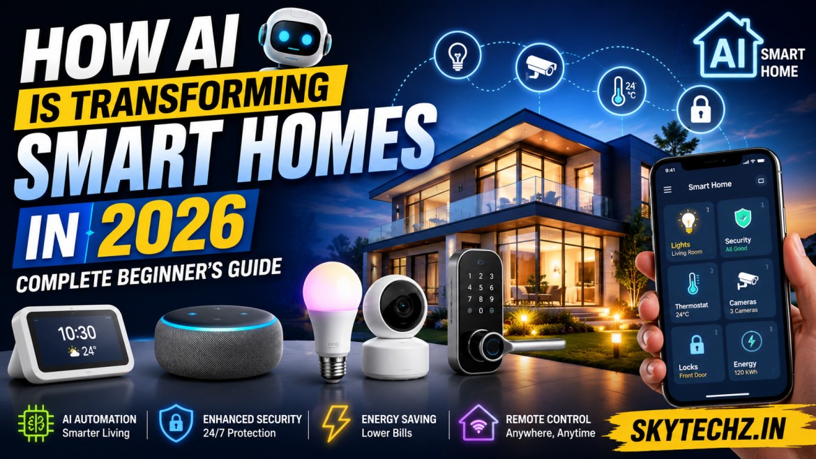 Modern AI smart home with voice assistant, smart lighting, security camera, smart thermostat, smart door lock, and home automation devices in 2026.