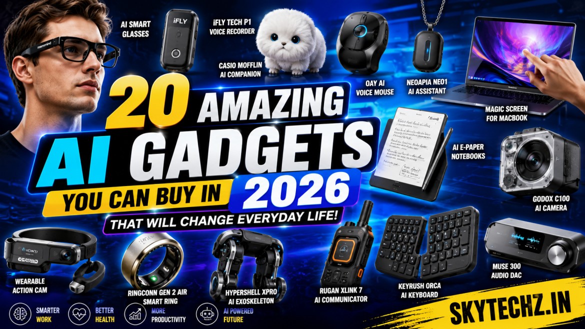 Collection of the best AI gadgets and wearable technology available in 2026, including smart glasses, AI voice recorders, smart rings, productivity devices, and innovative consumer electronics.